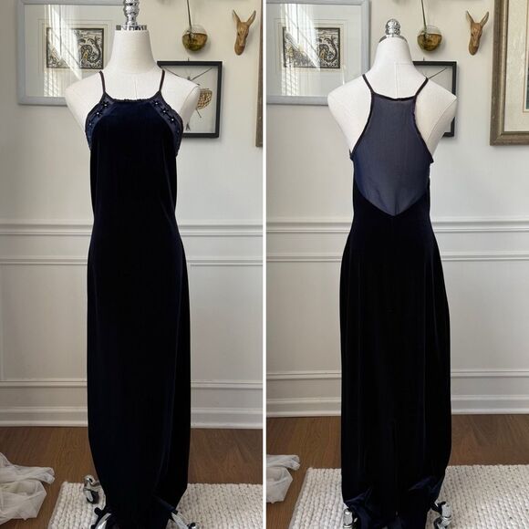 Vintage 90s Jump Stretchy Sapphire Blue Velvet Column Dress XS S - Picture 1 of 10